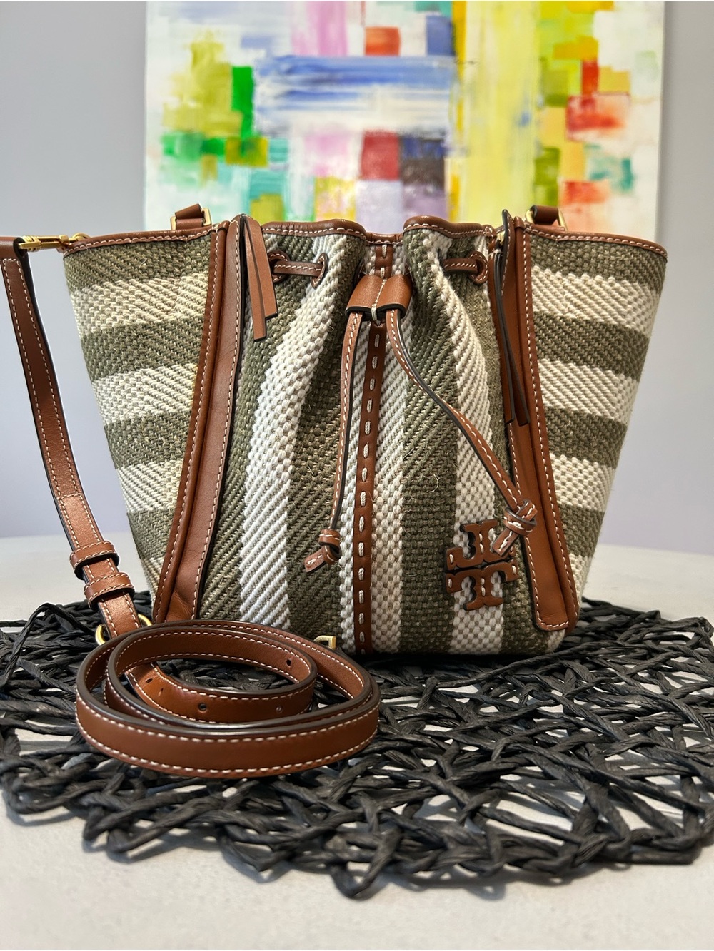 Tory Burch McGraw Stripe Drawstring Dragonfly Satchel